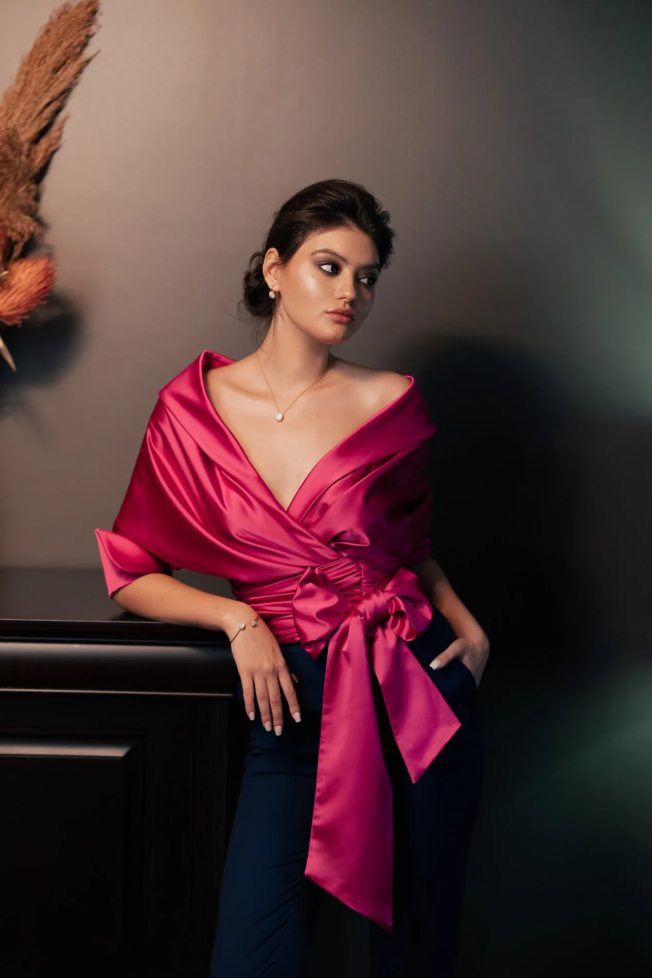 Angelina Satin Shirt In Hot Pink