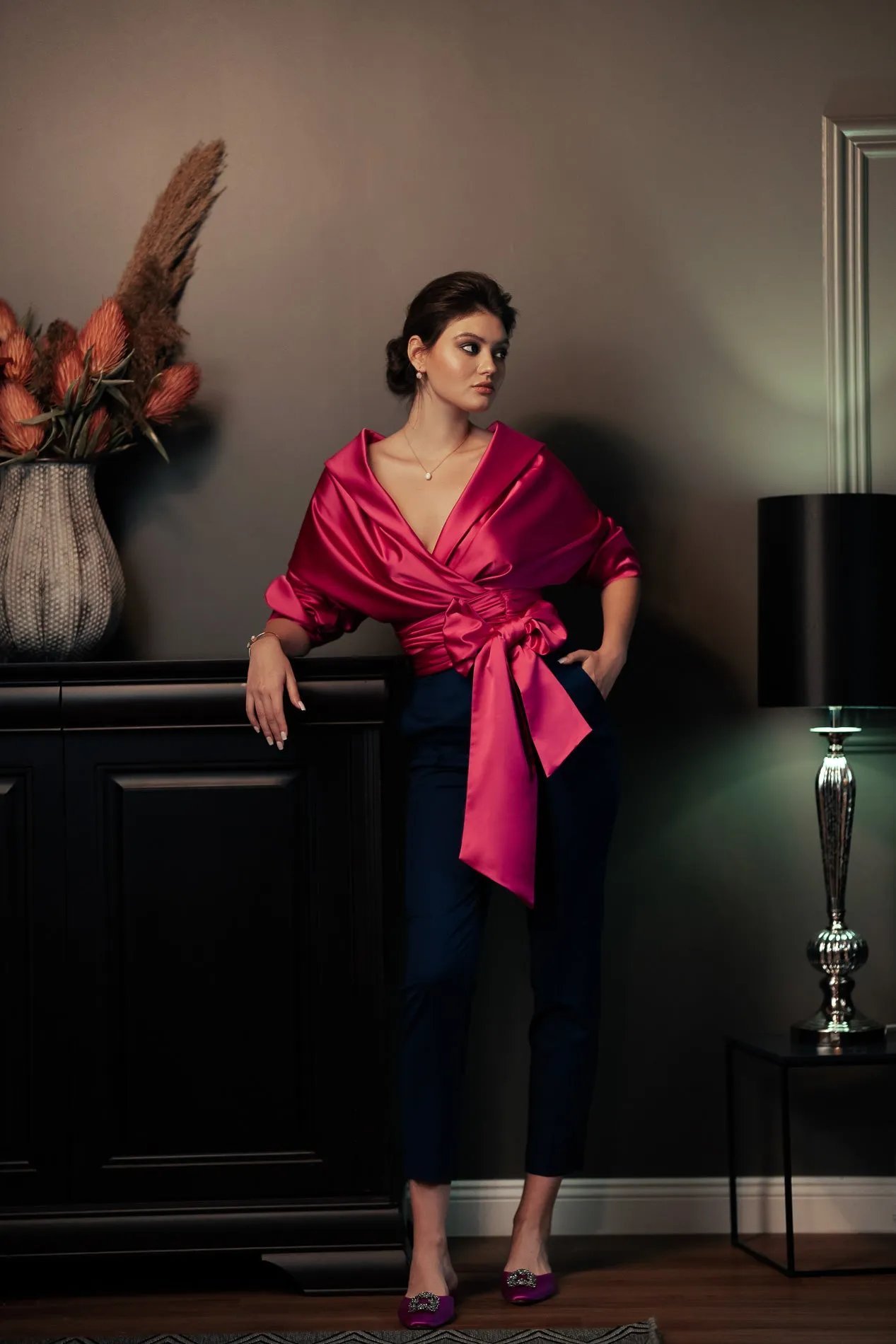 Angelina Satin Shirt In Hot Pink