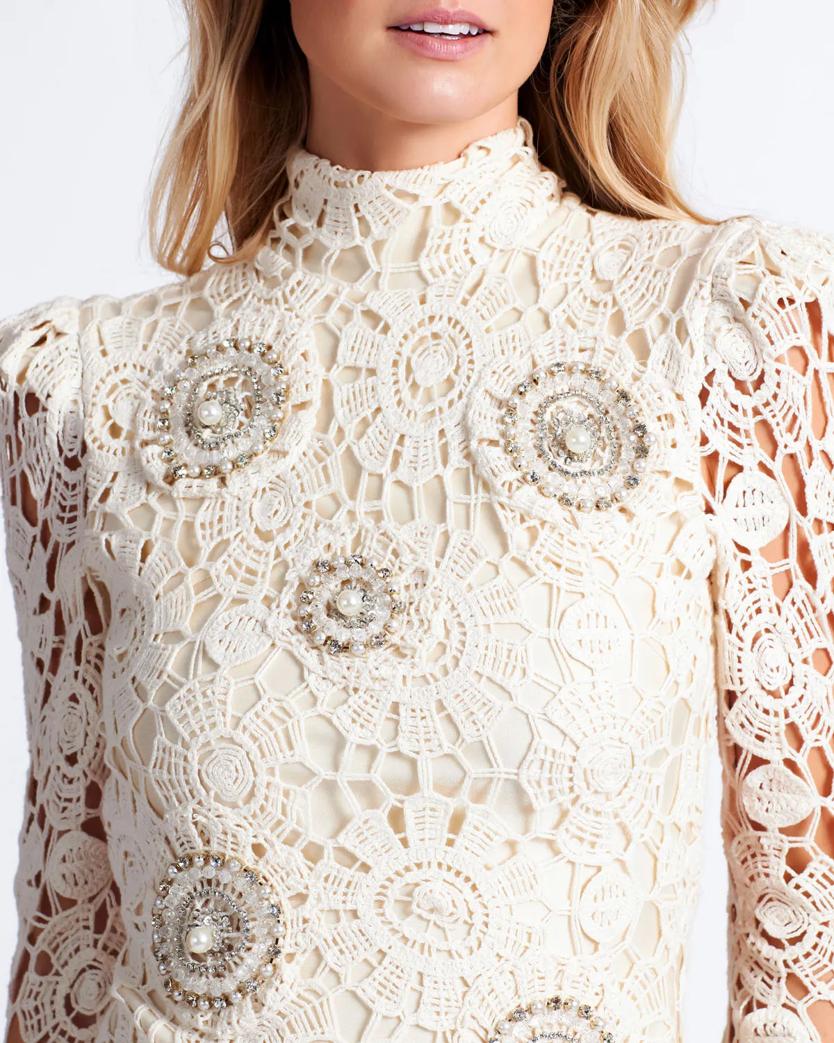 Beaded Crochet Open Back Mini Dress