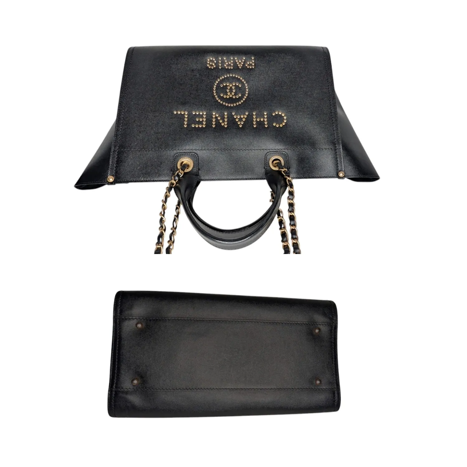 Chanel 2019 Black Caviar Studded Logo Deauville Tote