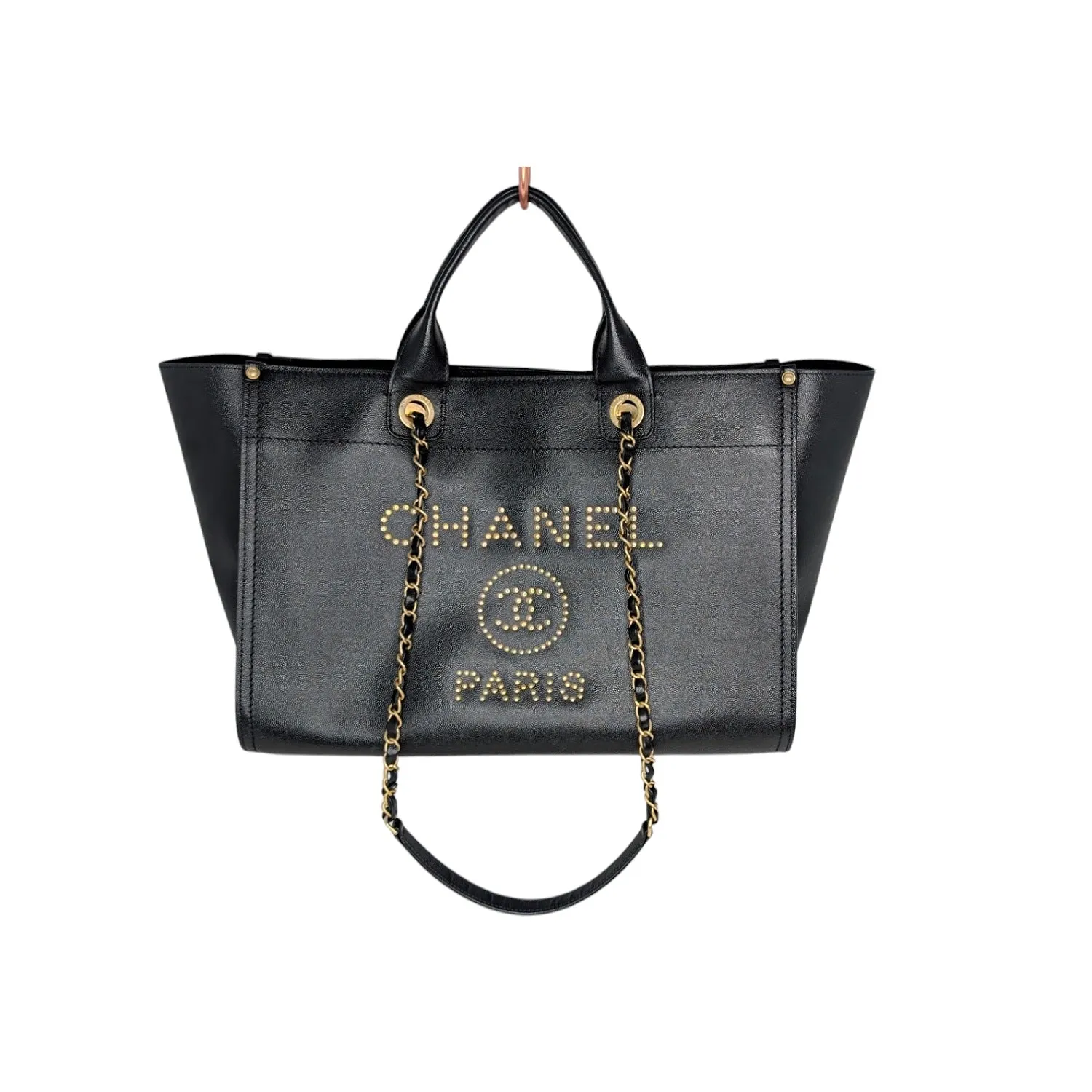 Chanel 2019 Black Caviar Studded Logo Deauville Tote