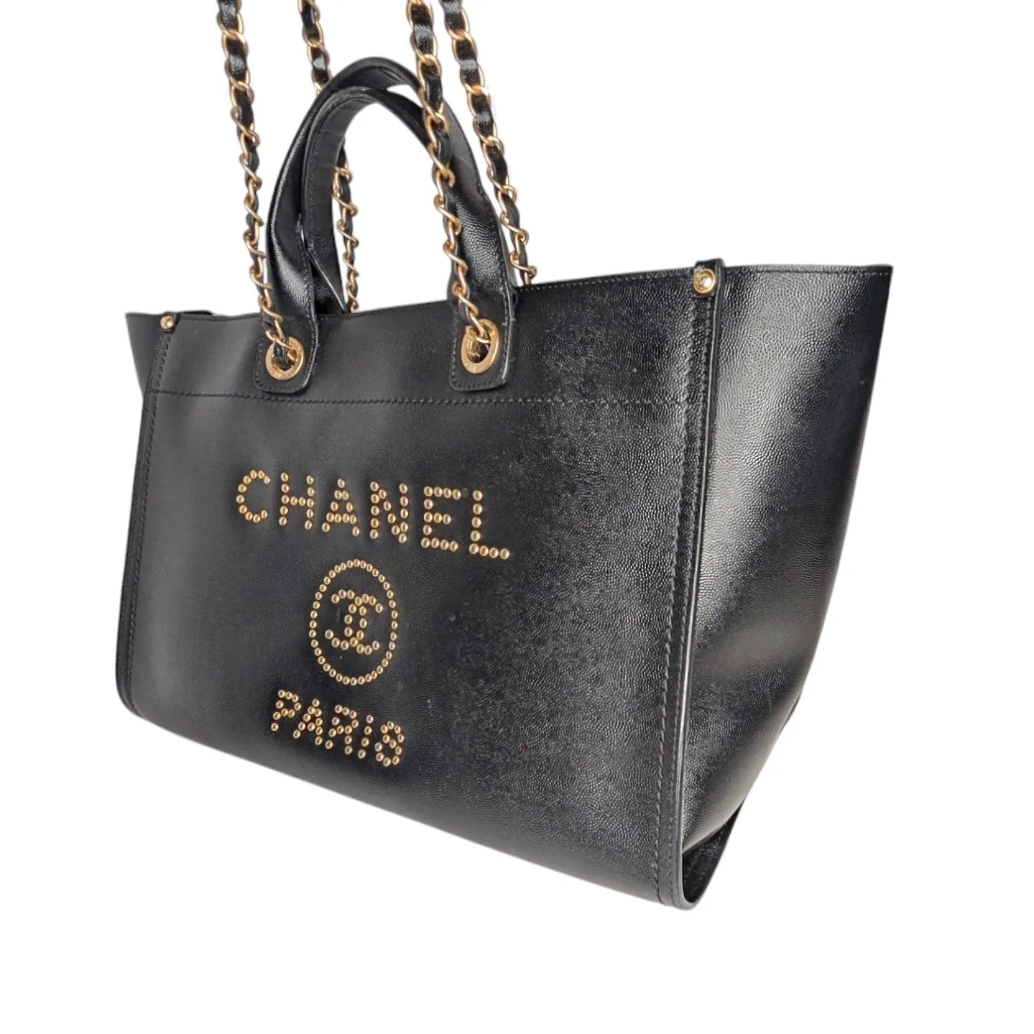 Chanel 2019 Black Caviar Studded Logo Deauville Tote