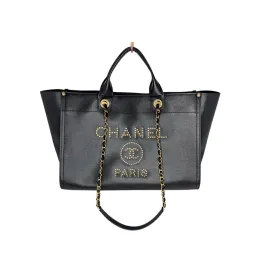 Chanel 2019 Black Caviar Studded Logo Deauville Tote