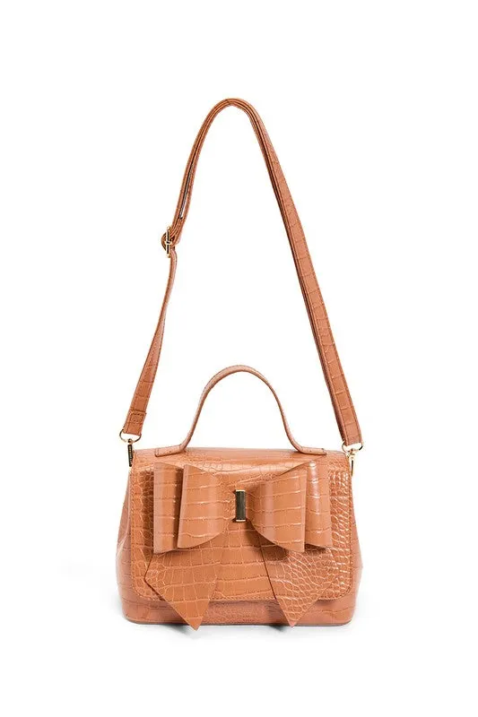 Cognac Vegan Bow Leather Tote/Crossbody Bag