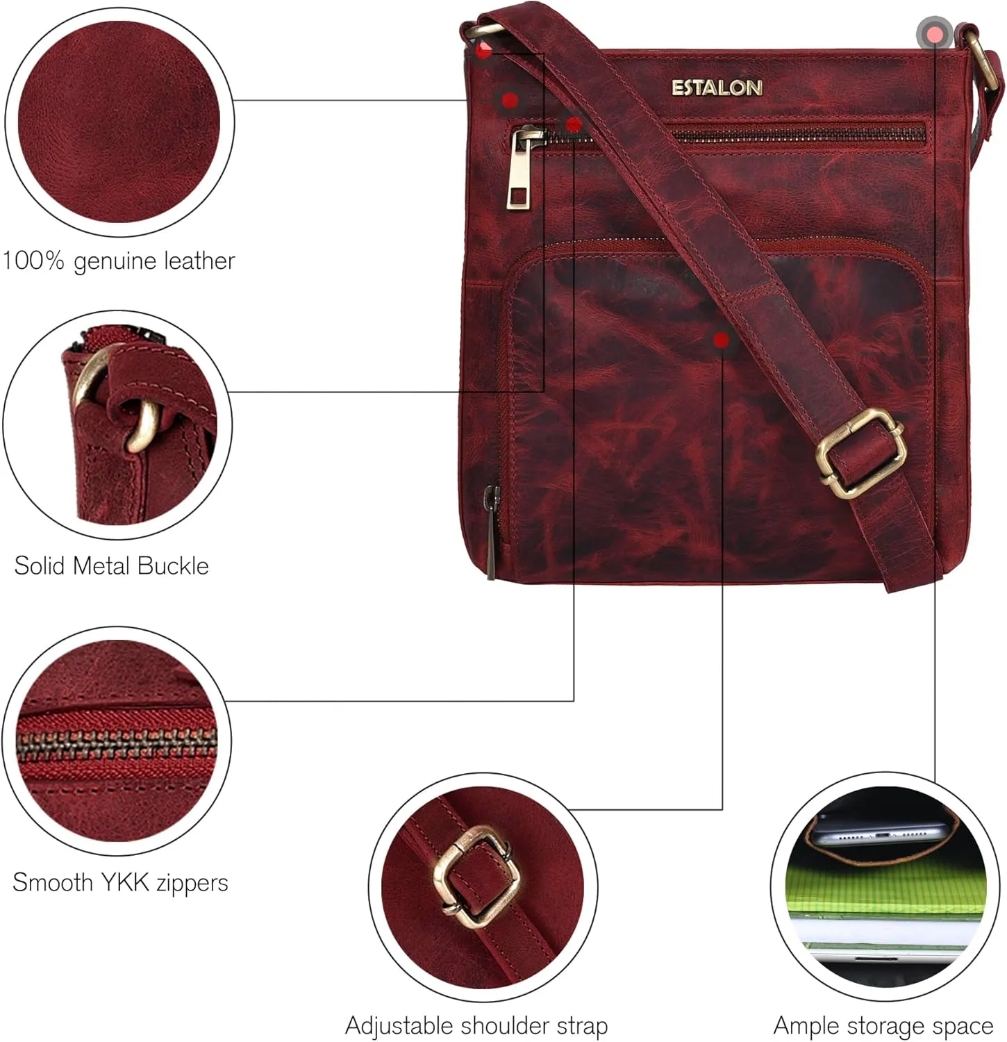 ESTALON Women's Real Leather Crossbody Purse With Adjustable Sling Strap - Medium Size Crossover Shoulder Hand Bag