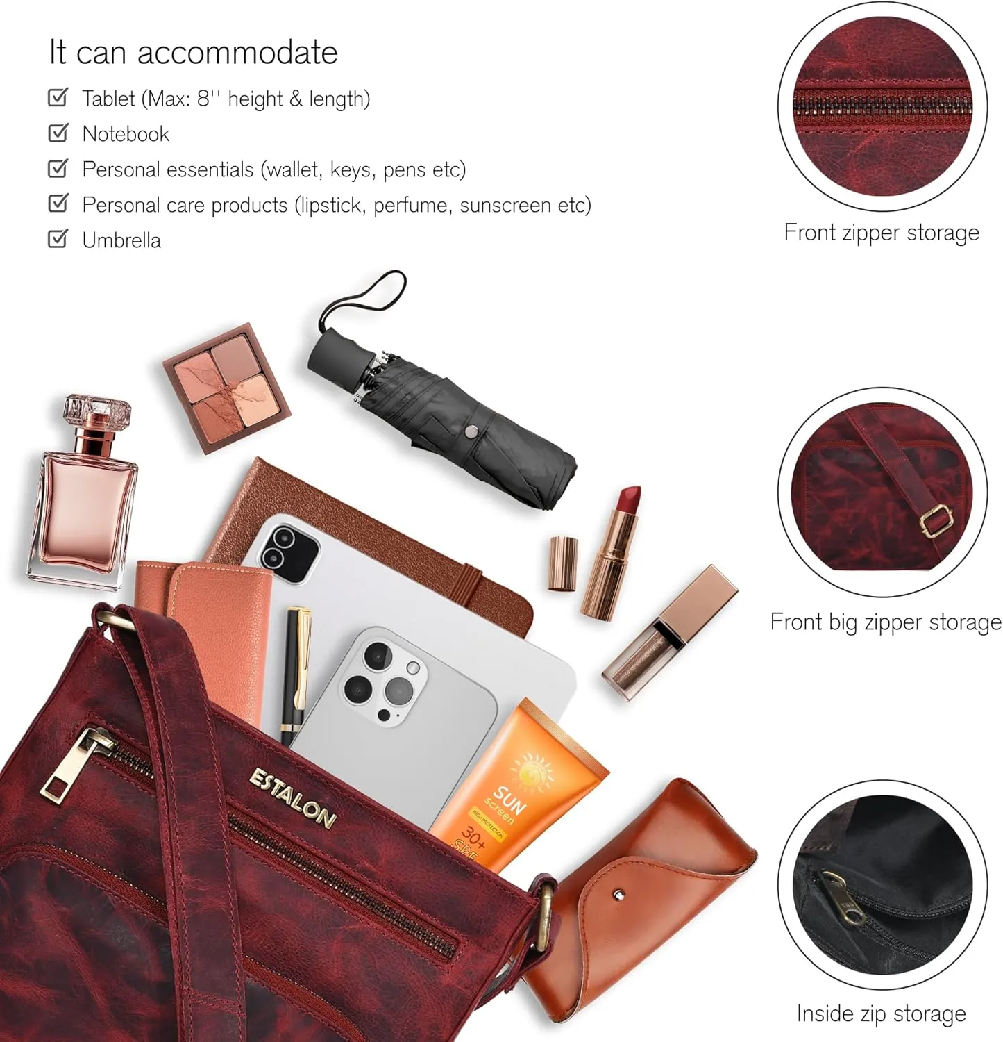 ESTALON Women's Real Leather Crossbody Purse With Adjustable Sling Strap - Medium Size Crossover Shoulder Hand Bag