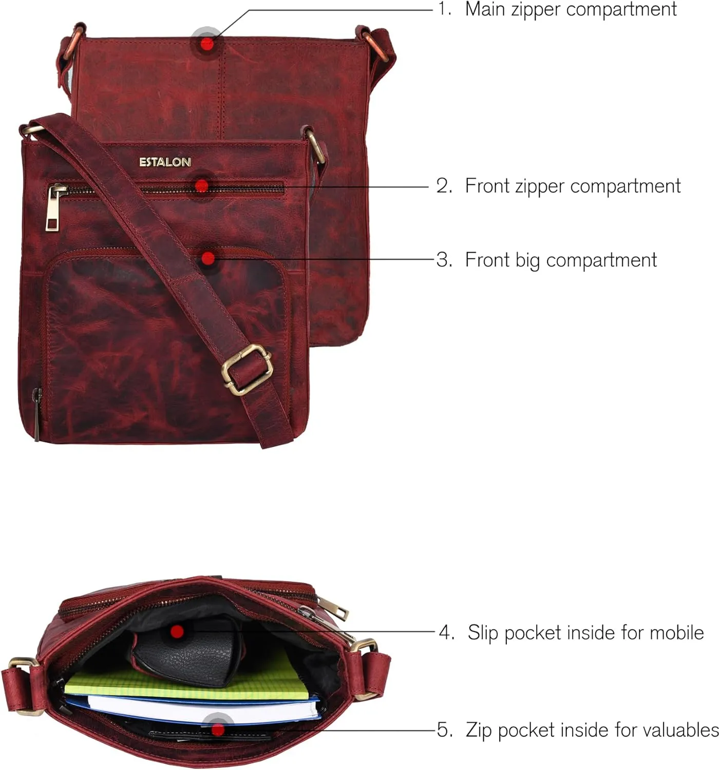 ESTALON Women's Real Leather Crossbody Purse With Adjustable Sling Strap - Medium Size Crossover Shoulder Hand Bag