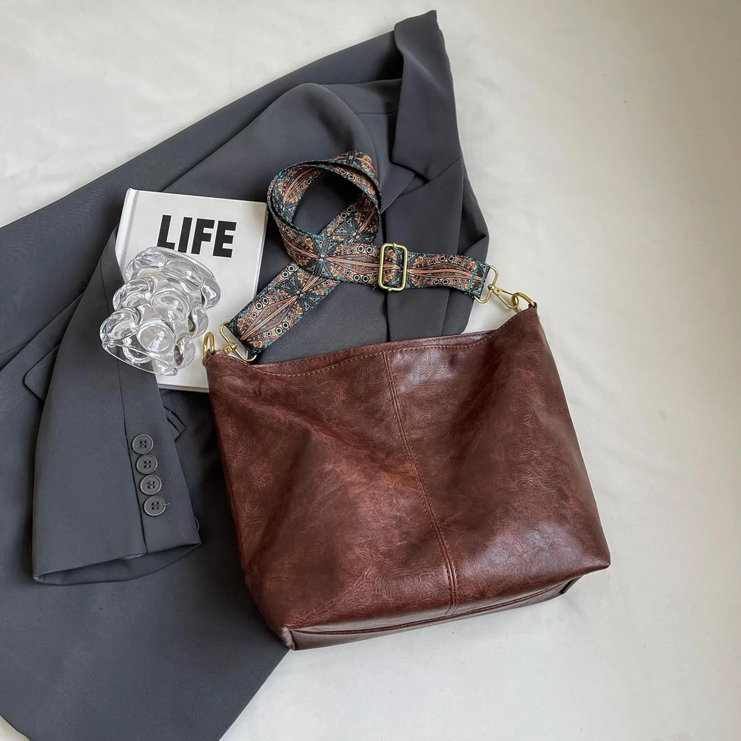 Fashion Hobo Bags for Women Vegan Leather Crossbody Bag with Guitar Strap Shoulder Purses and Handbags