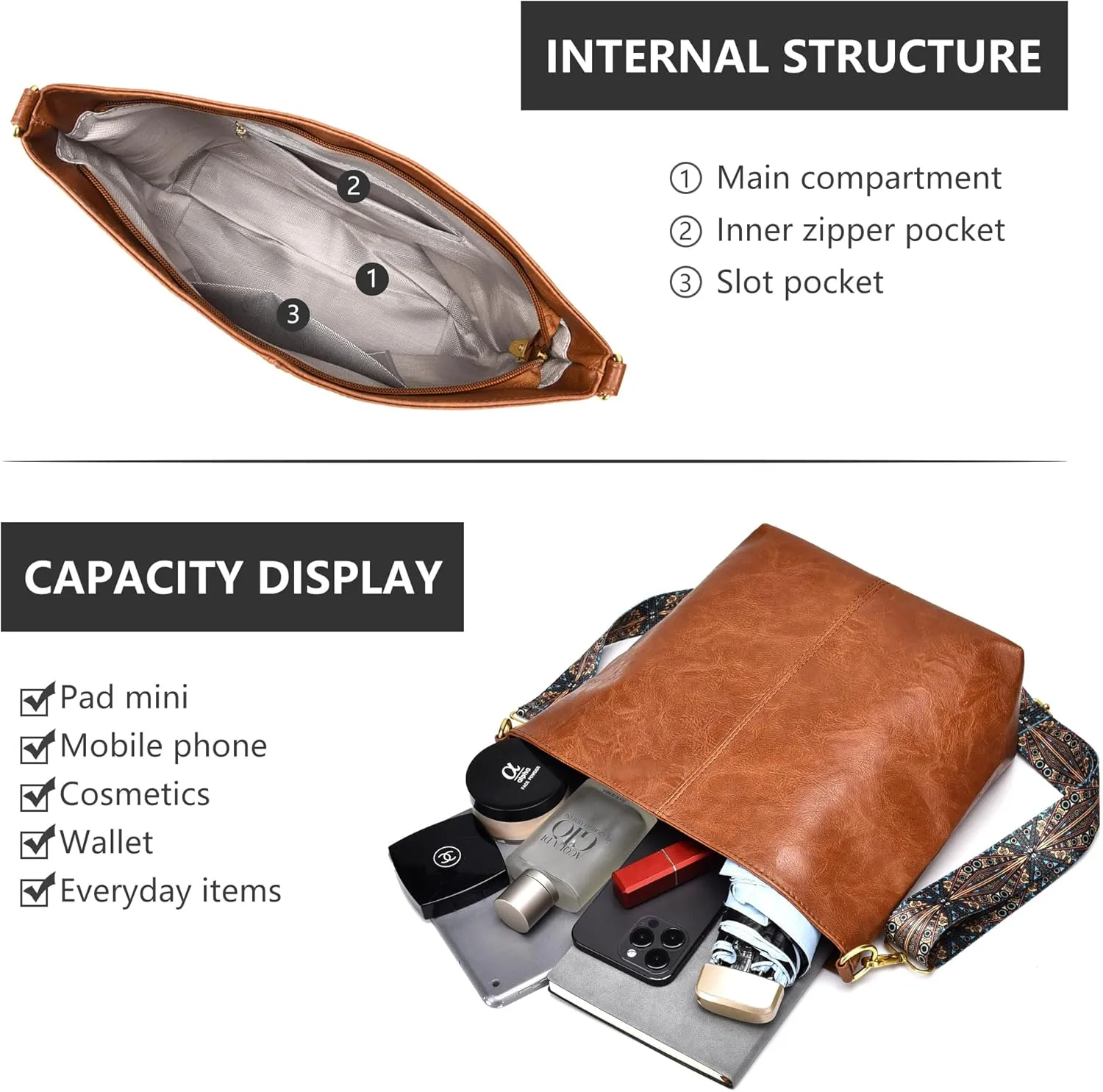 Fashion Hobo Bags for Women Vegan Leather Crossbody Bag with Guitar Strap Shoulder Purses and Handbags