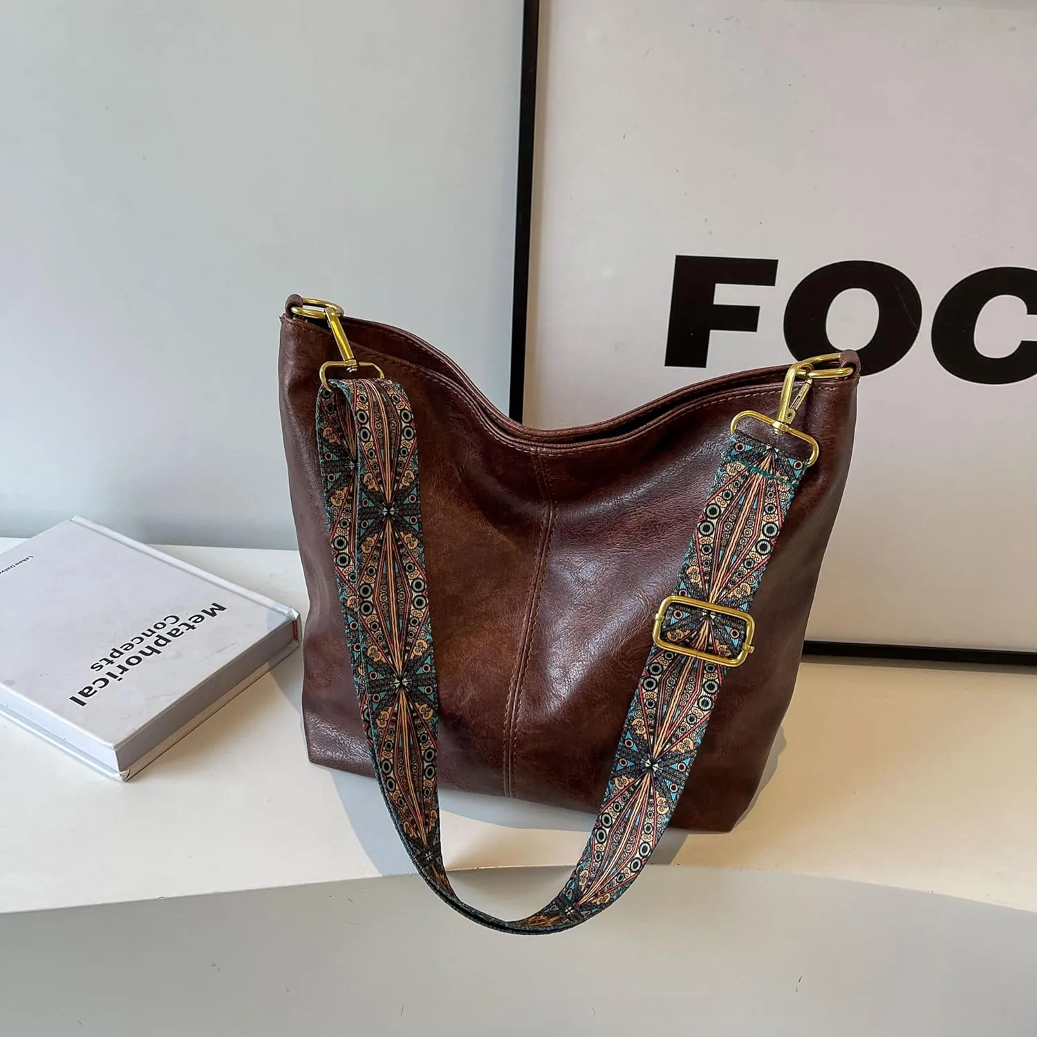 Fashion Hobo Bags for Women Vegan Leather Crossbody Bag with Guitar Strap Shoulder Purses and Handbags