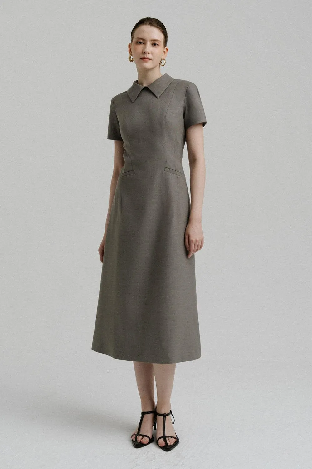 Faye A-line Collared Neck Polycotton Calf Length Dress
