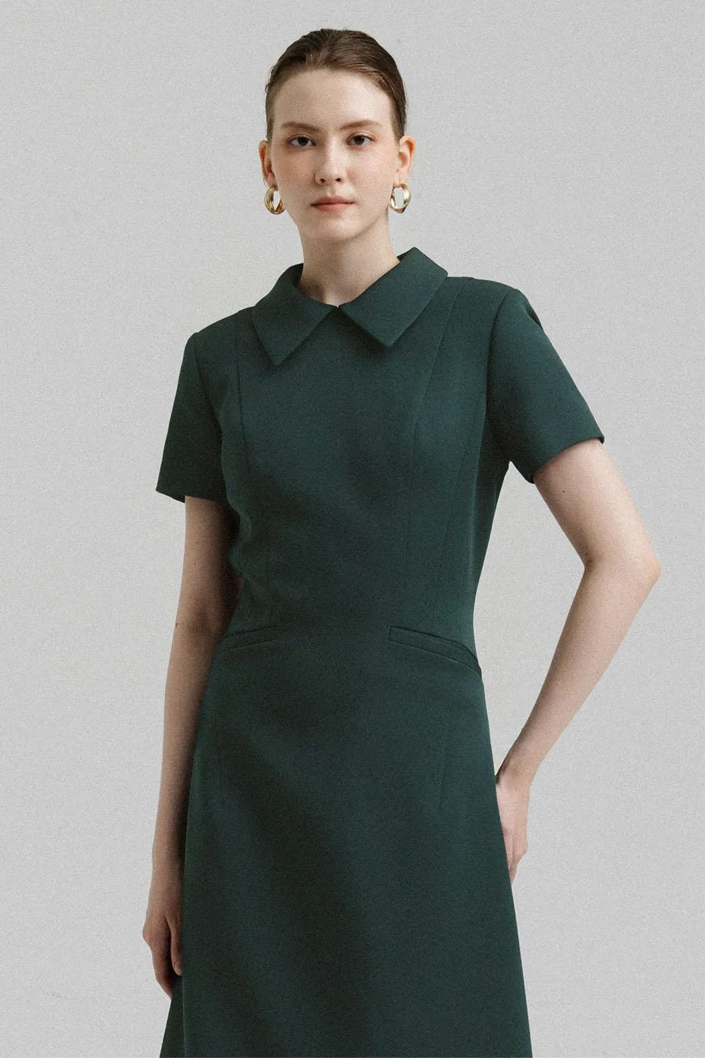 Faye A-line Collared Neck Polycotton Calf Length Dress