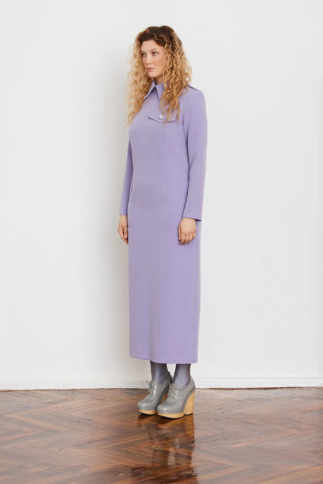 Fitted Long Sleeve Dress With Stand-Up Collar Lavender