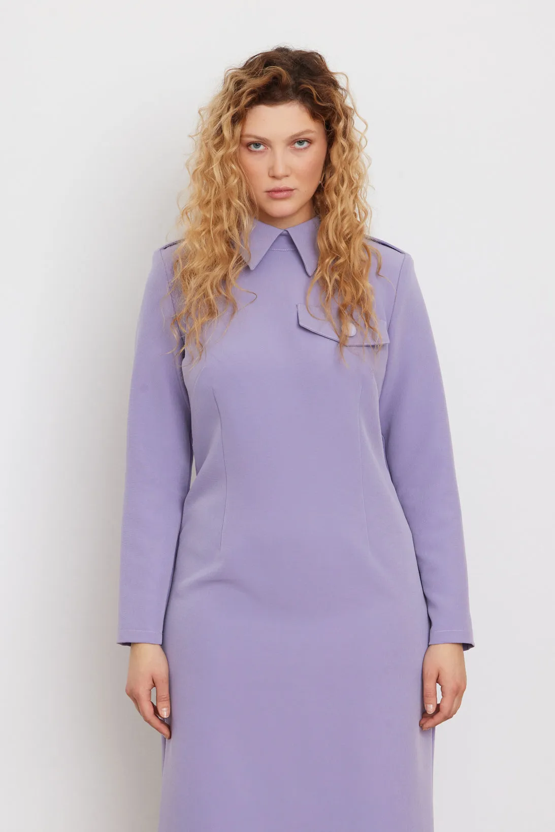 Fitted Long Sleeve Dress With Stand-Up Collar Lavender