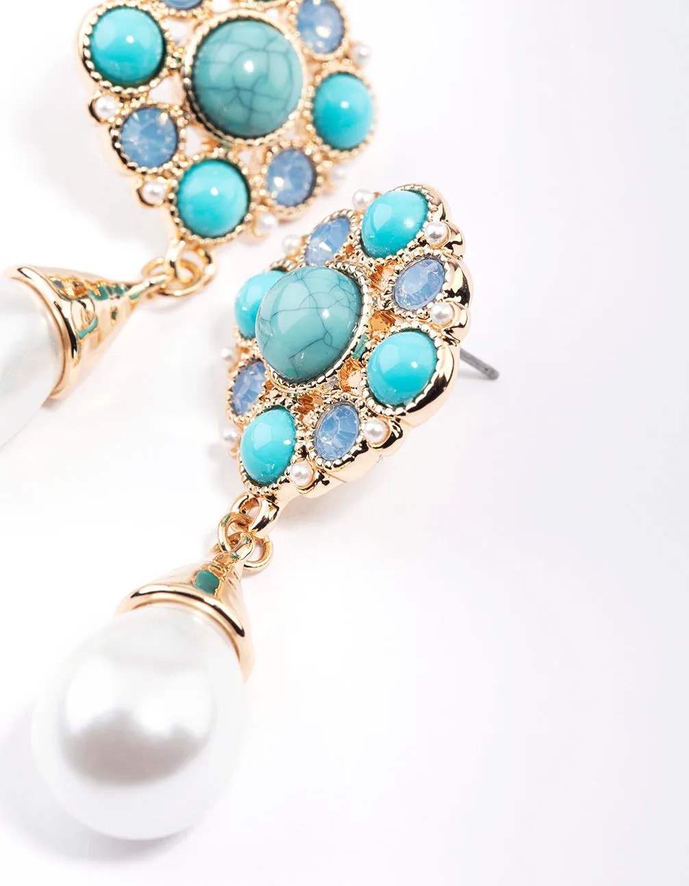 Gold Mixed Stone Pearl Drop Earrings