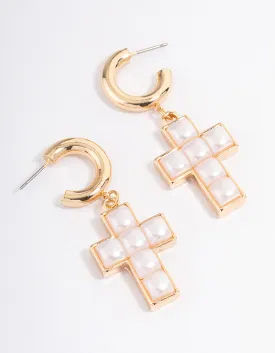 Gold Pearl Cross Earrings