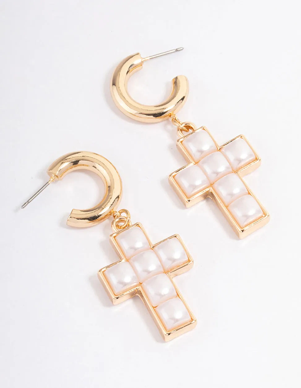 Gold Pearl Cross Earrings