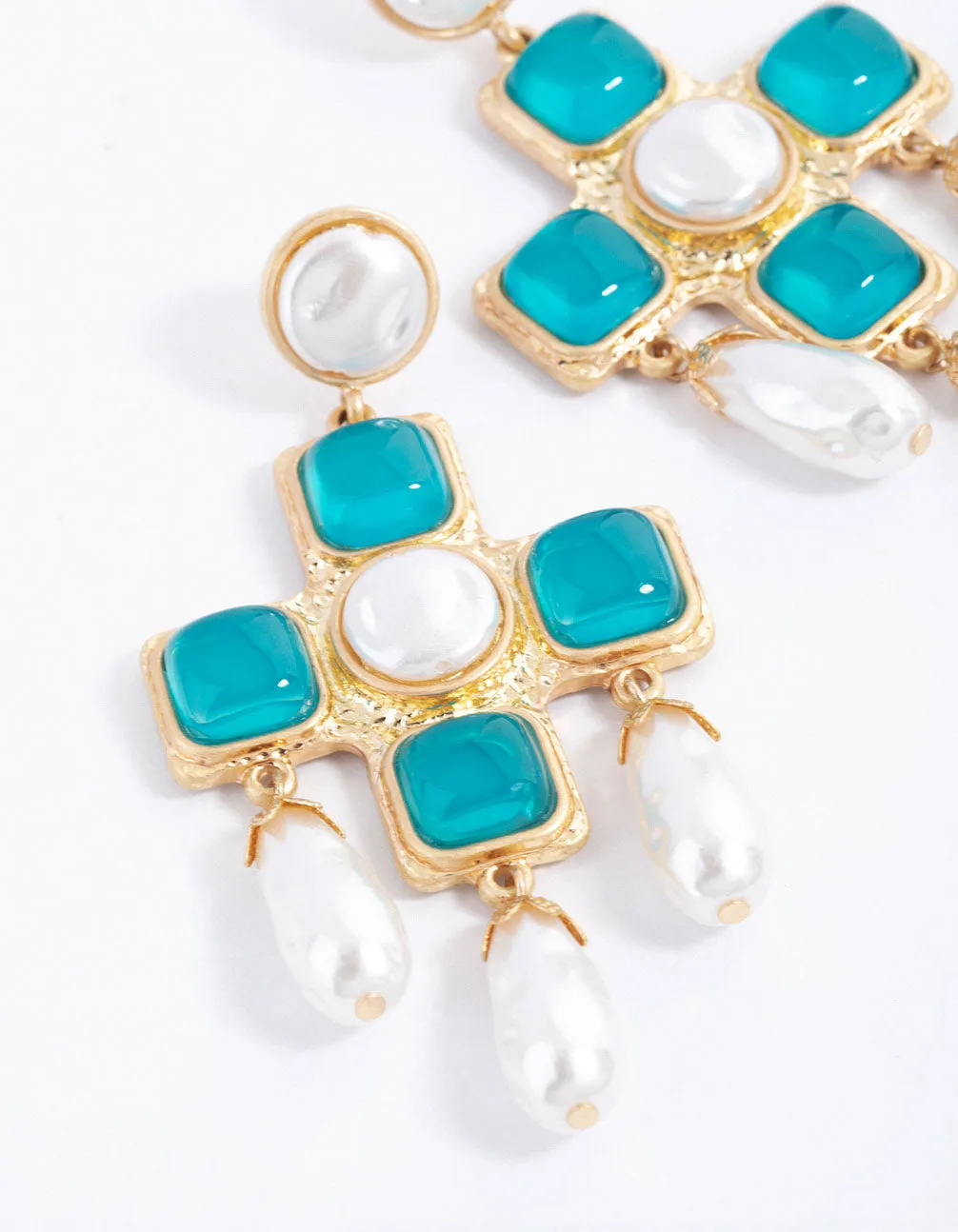 Gold Statement Stone Pearl Cross Earrings