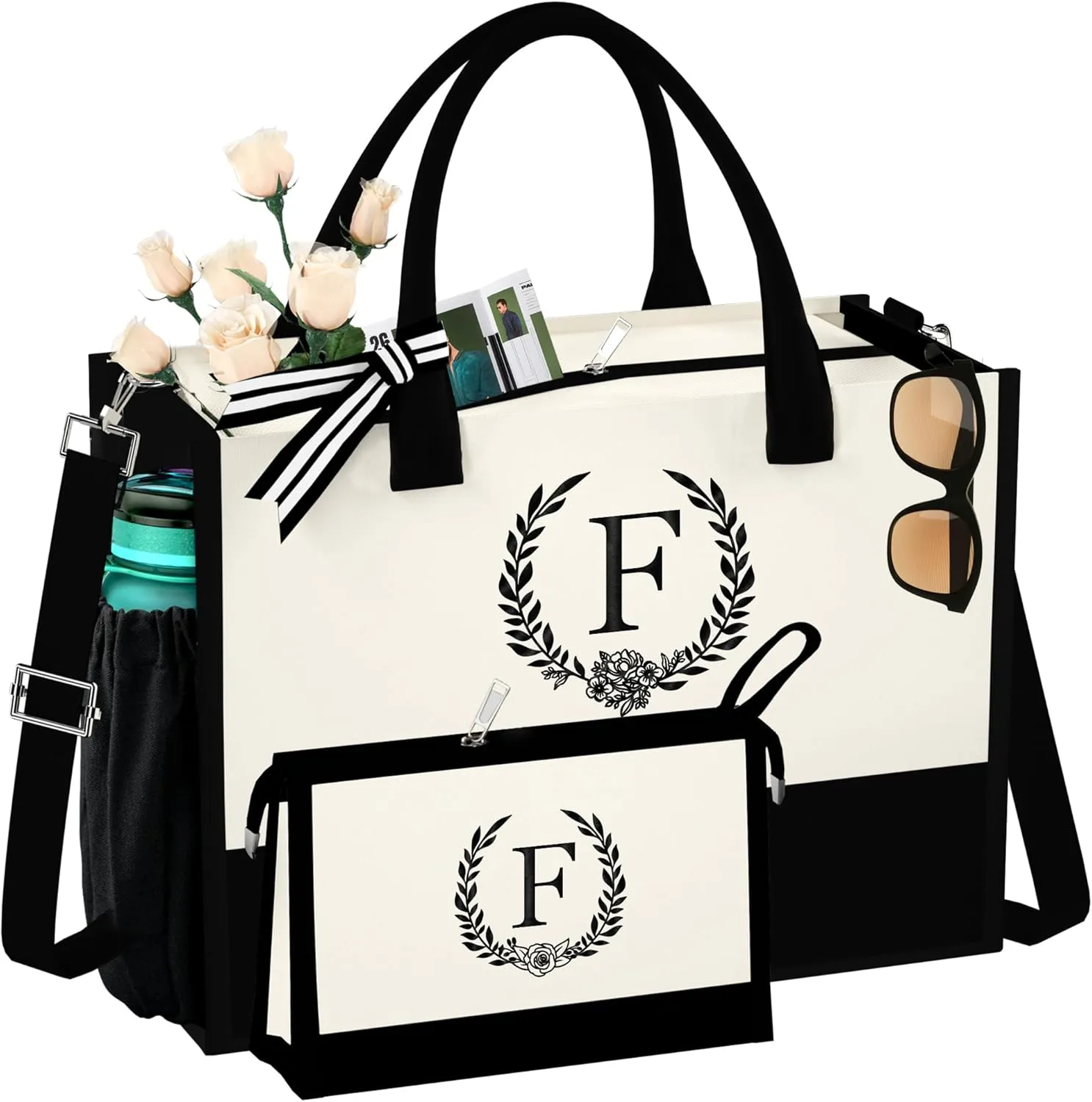Initial Canvas Tote Bag Makeup Bag, Beach Bag with Zipper, Personalized Mothers Day Gifts for Mom Grandma