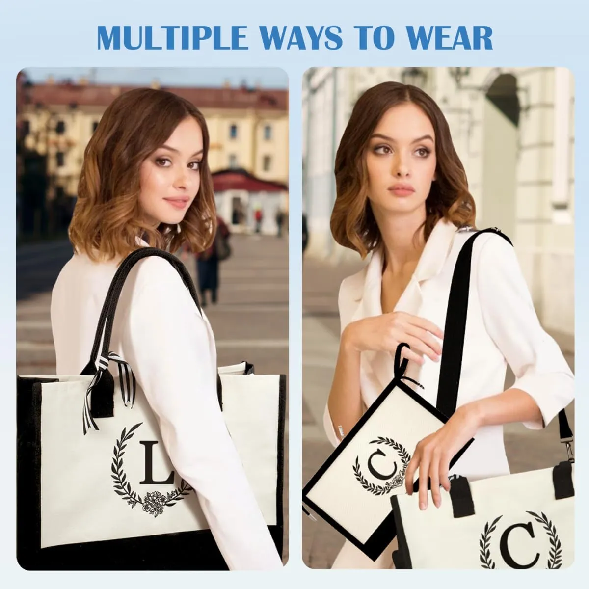 Initial Canvas Tote Bag Makeup Bag, Beach Bag with Zipper, Personalized Mothers Day Gifts for Mom Grandma