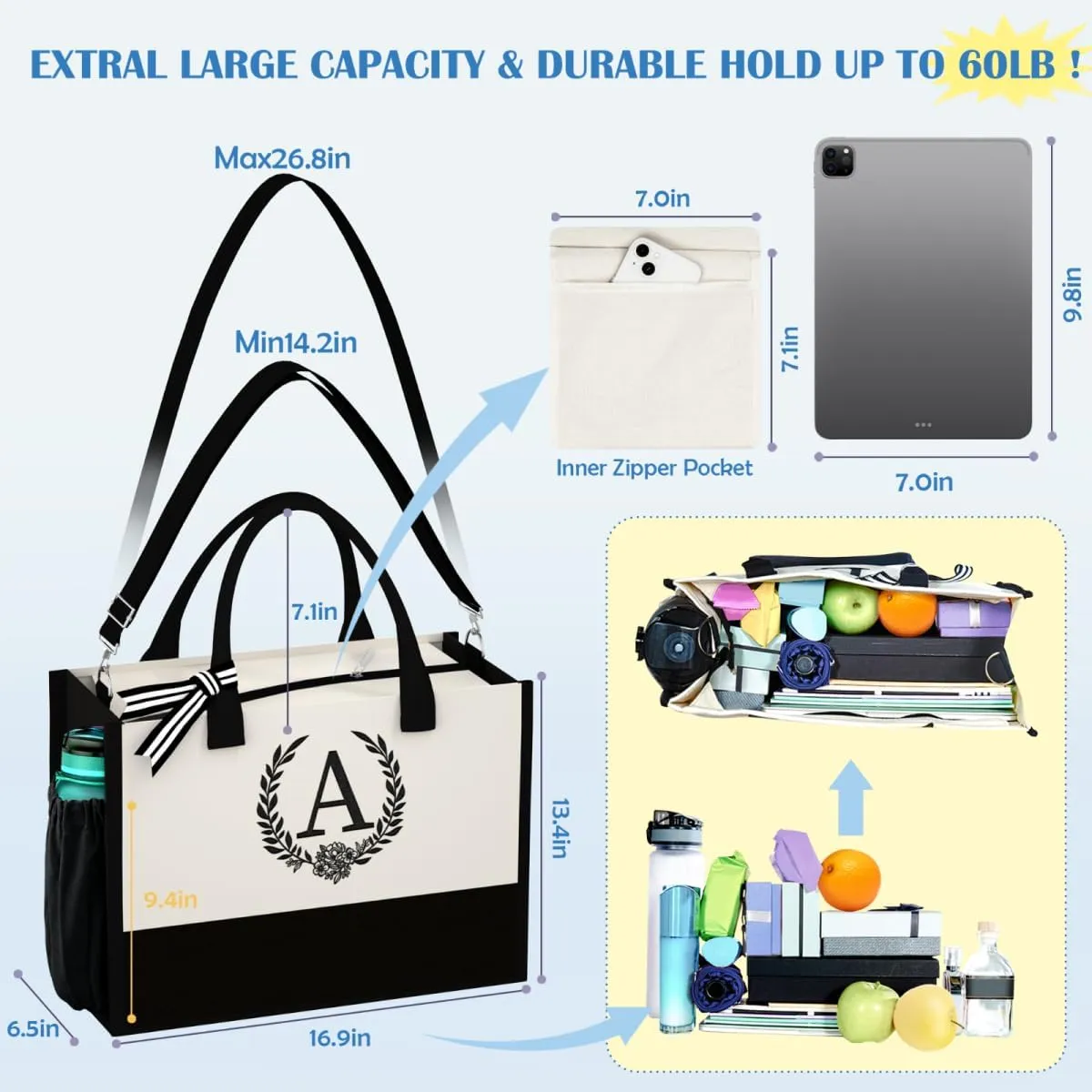 Initial Canvas Tote Bag Makeup Bag, Beach Bag with Zipper, Personalized Mothers Day Gifts for Mom Grandma