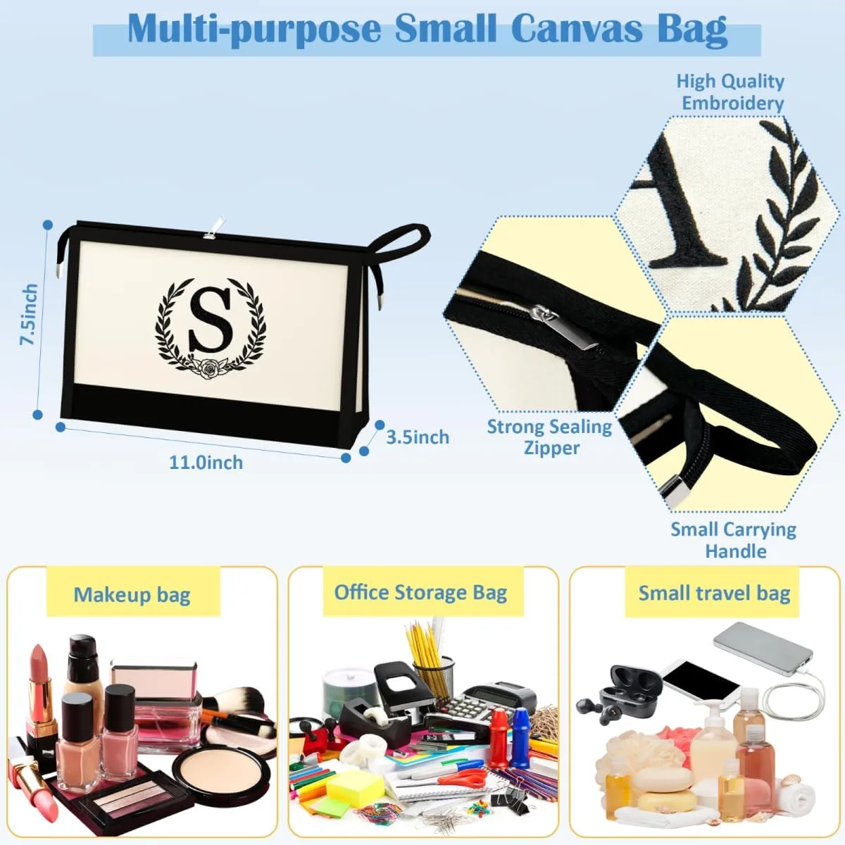 Initial Canvas Tote Bag Makeup Bag, Beach Bag with Zipper, Personalized Mothers Day Gifts for Mom Grandma