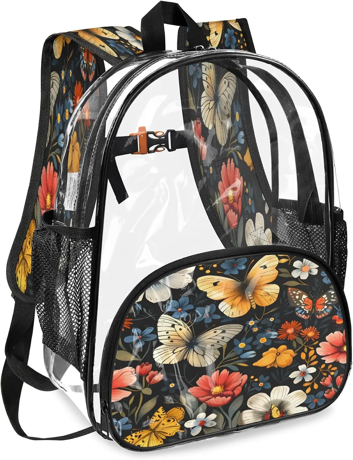 KOBLEN Black Butterfly Floral 14.2 Inch Clear Backpack, Heavy Duty Transparent PVC Daypack with Adjustable Padded Straps, Large Capacity Clear Bag for Festival, Concerts, Travel