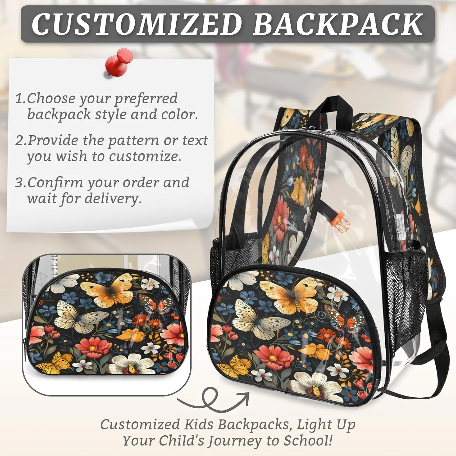 KOBLEN Black Butterfly Floral 14.2 Inch Clear Backpack, Heavy Duty Transparent PVC Daypack with Adjustable Padded Straps, Large Capacity Clear Bag for Festival, Concerts, Travel