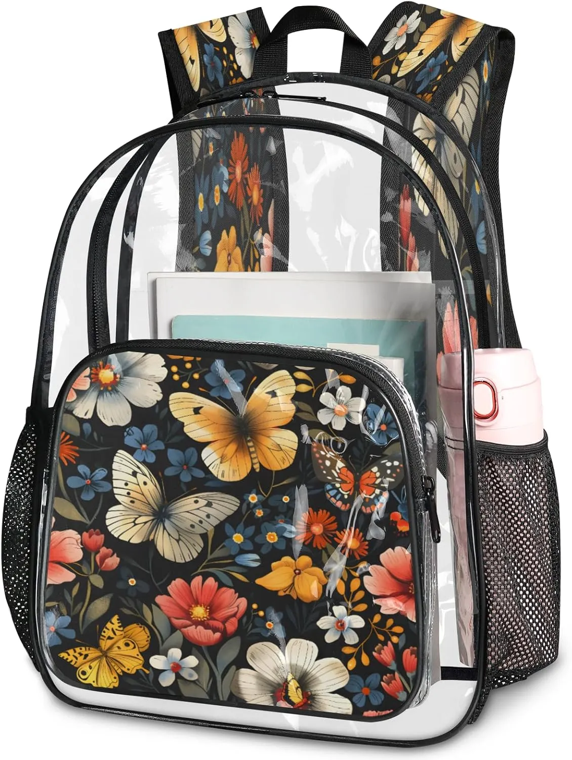 KOBLEN Black Butterfly Floral 14.2 Inch Clear Backpack, Heavy Duty Transparent PVC Daypack with Adjustable Padded Straps, Large Capacity Clear Bag for Festival, Concerts, Travel