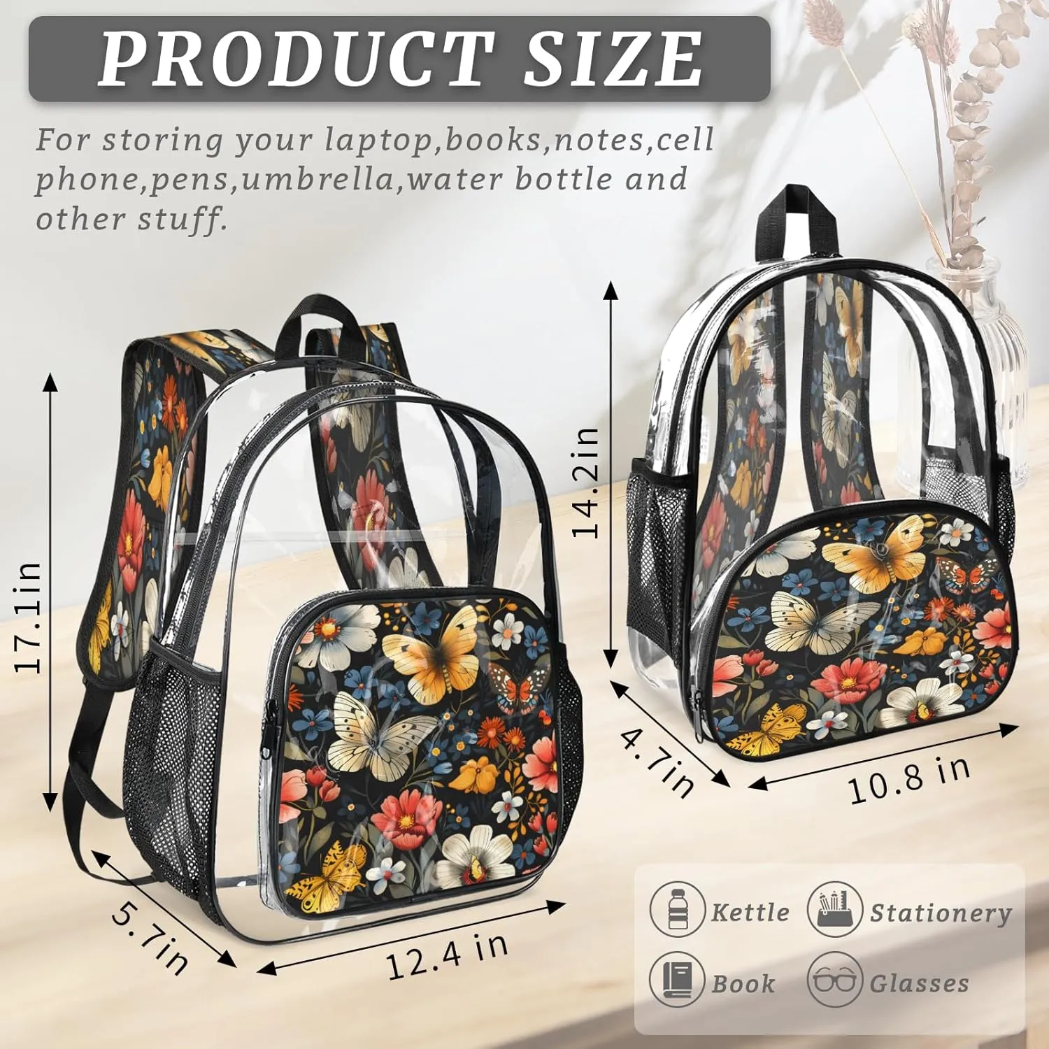 KOBLEN Black Butterfly Floral 14.2 Inch Clear Backpack, Heavy Duty Transparent PVC Daypack with Adjustable Padded Straps, Large Capacity Clear Bag for Festival, Concerts, Travel