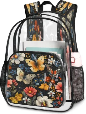 KOBLEN Black Butterfly Floral 14.2 Inch Clear Backpack, Heavy Duty Transparent PVC Daypack with Adjustable Padded Straps, Large Capacity Clear Bag for Festival, Concerts, Travel