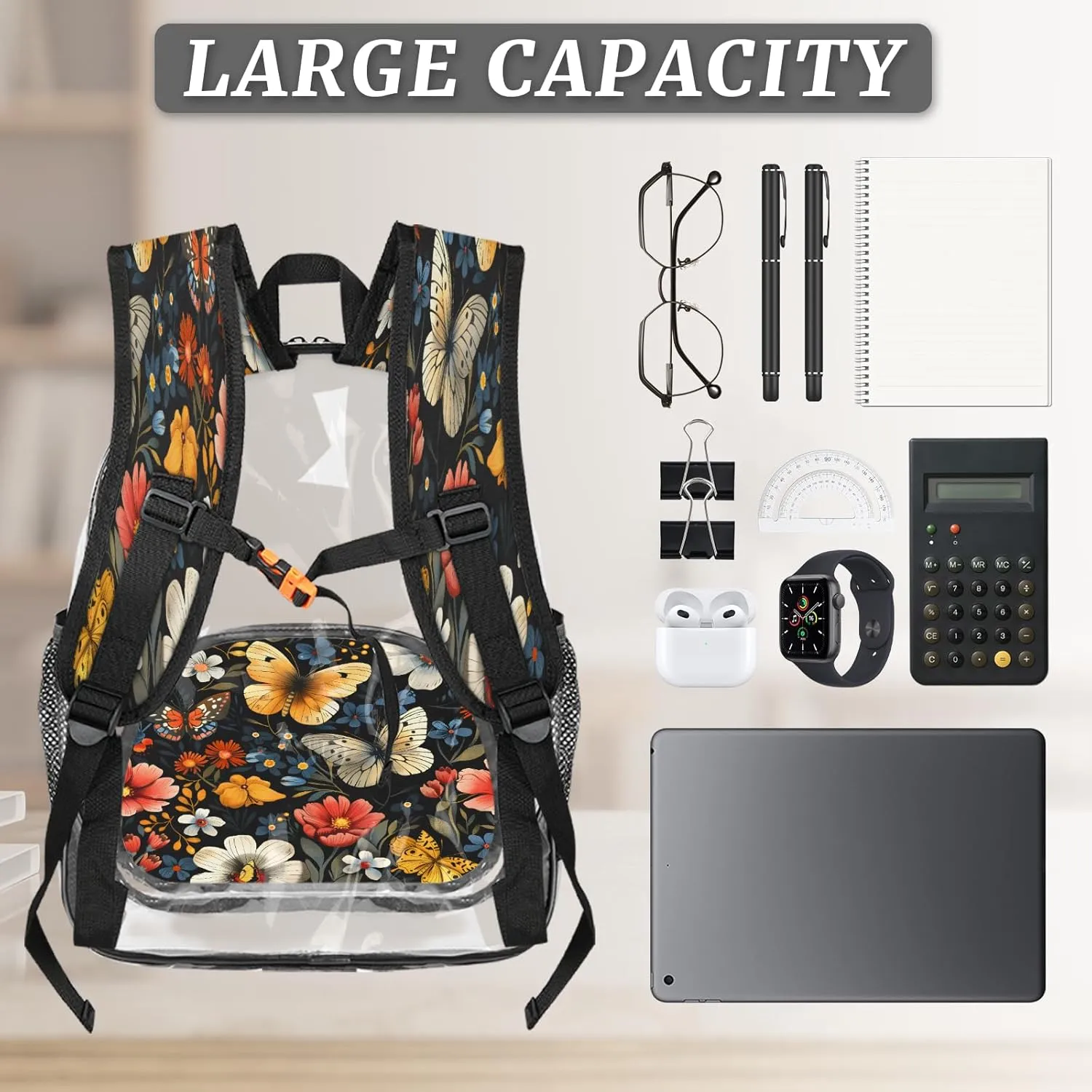 KOBLEN Black Butterfly Floral 14.2 Inch Clear Backpack, Heavy Duty Transparent PVC Daypack with Adjustable Padded Straps, Large Capacity Clear Bag for Festival, Concerts, Travel
