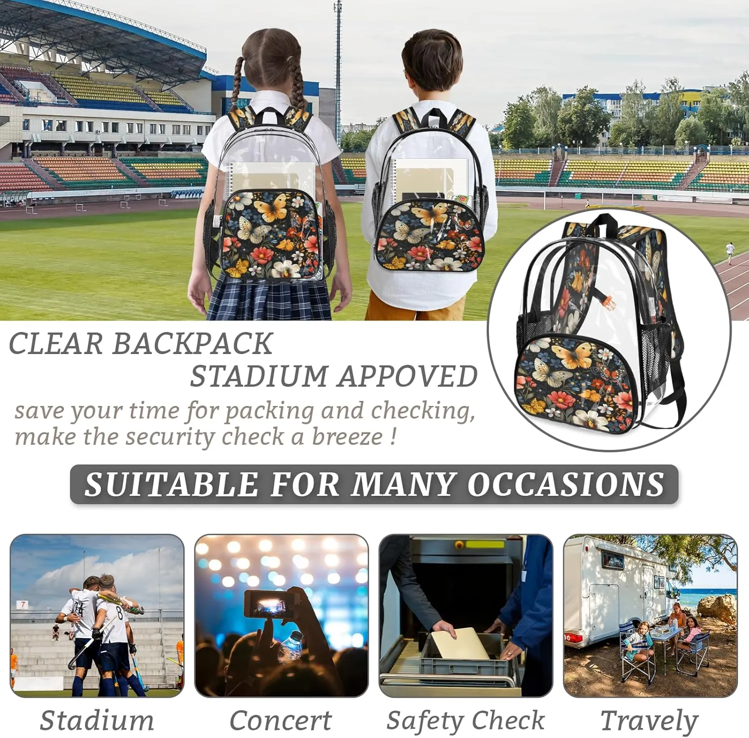 KOBLEN Black Butterfly Floral 14.2 Inch Clear Backpack, Heavy Duty Transparent PVC Daypack with Adjustable Padded Straps, Large Capacity Clear Bag for Festival, Concerts, Travel