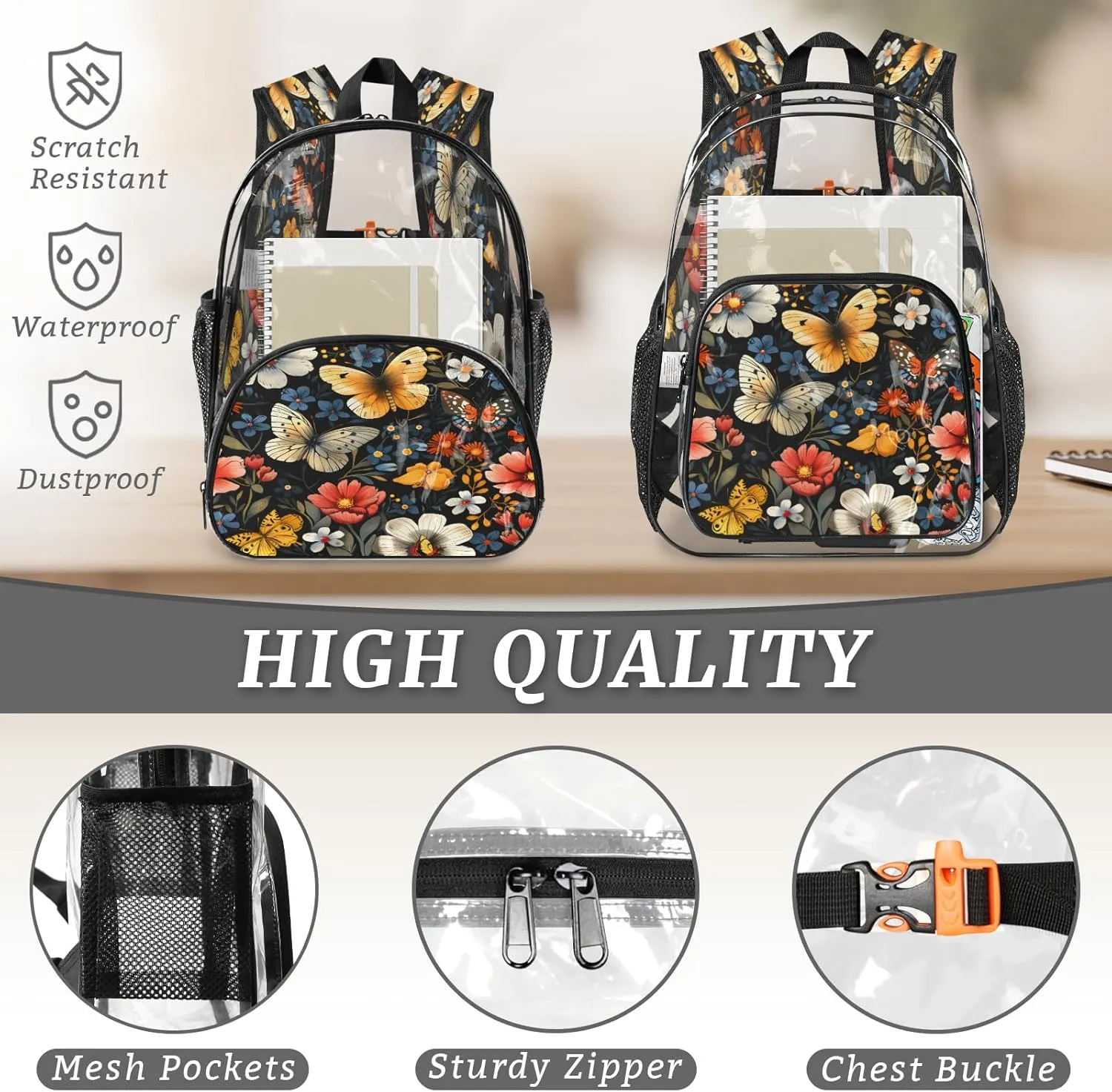 KOBLEN Black Butterfly Floral 14.2 Inch Clear Backpack, Heavy Duty Transparent PVC Daypack with Adjustable Padded Straps, Large Capacity Clear Bag for Festival, Concerts, Travel