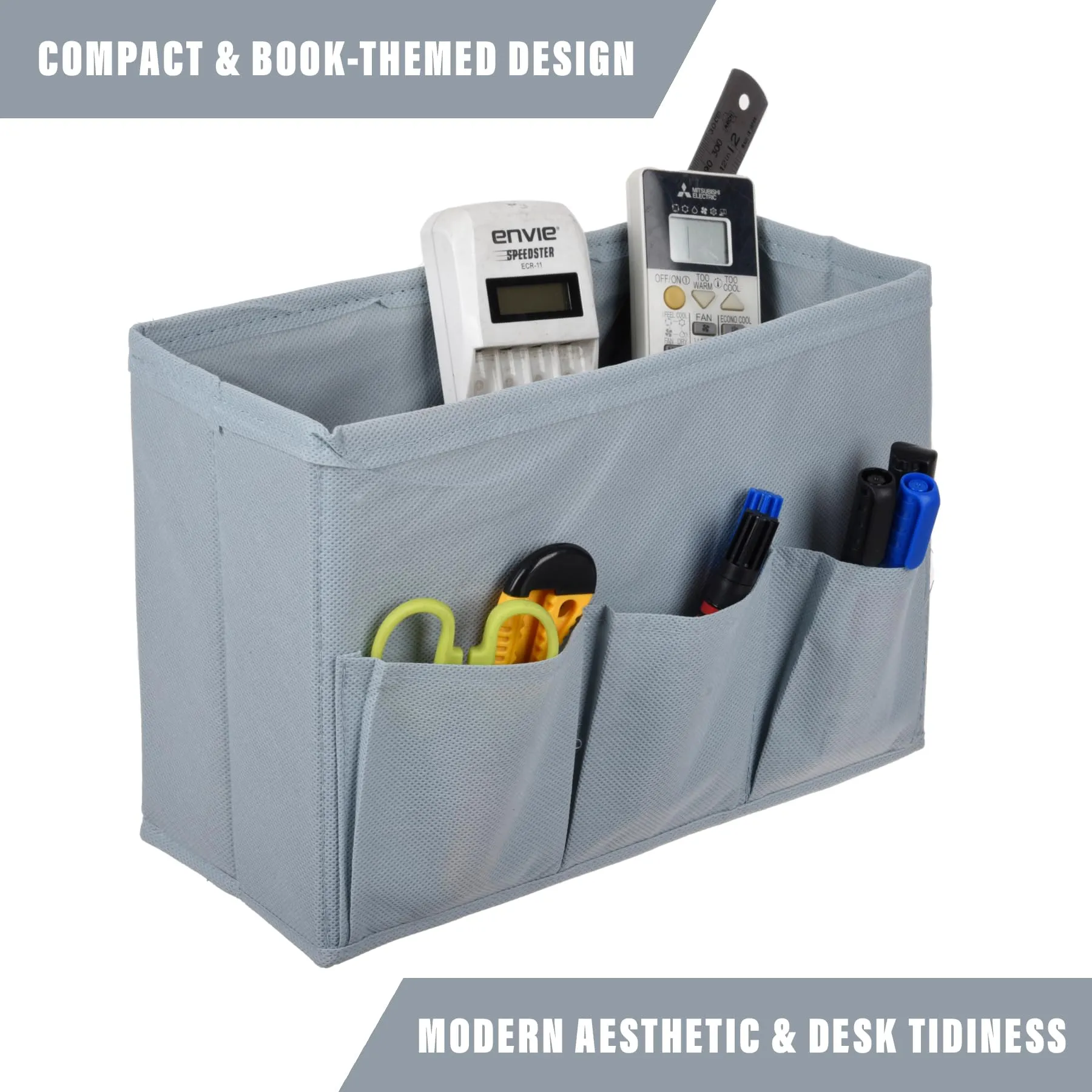 Kuber Industries Stationary Box | Non-Woven Files Organizer for Office | Desk Organizer | Stationary Organizer for Kids Room with 3 Compartment | Plain Storage Box | Small | Gray