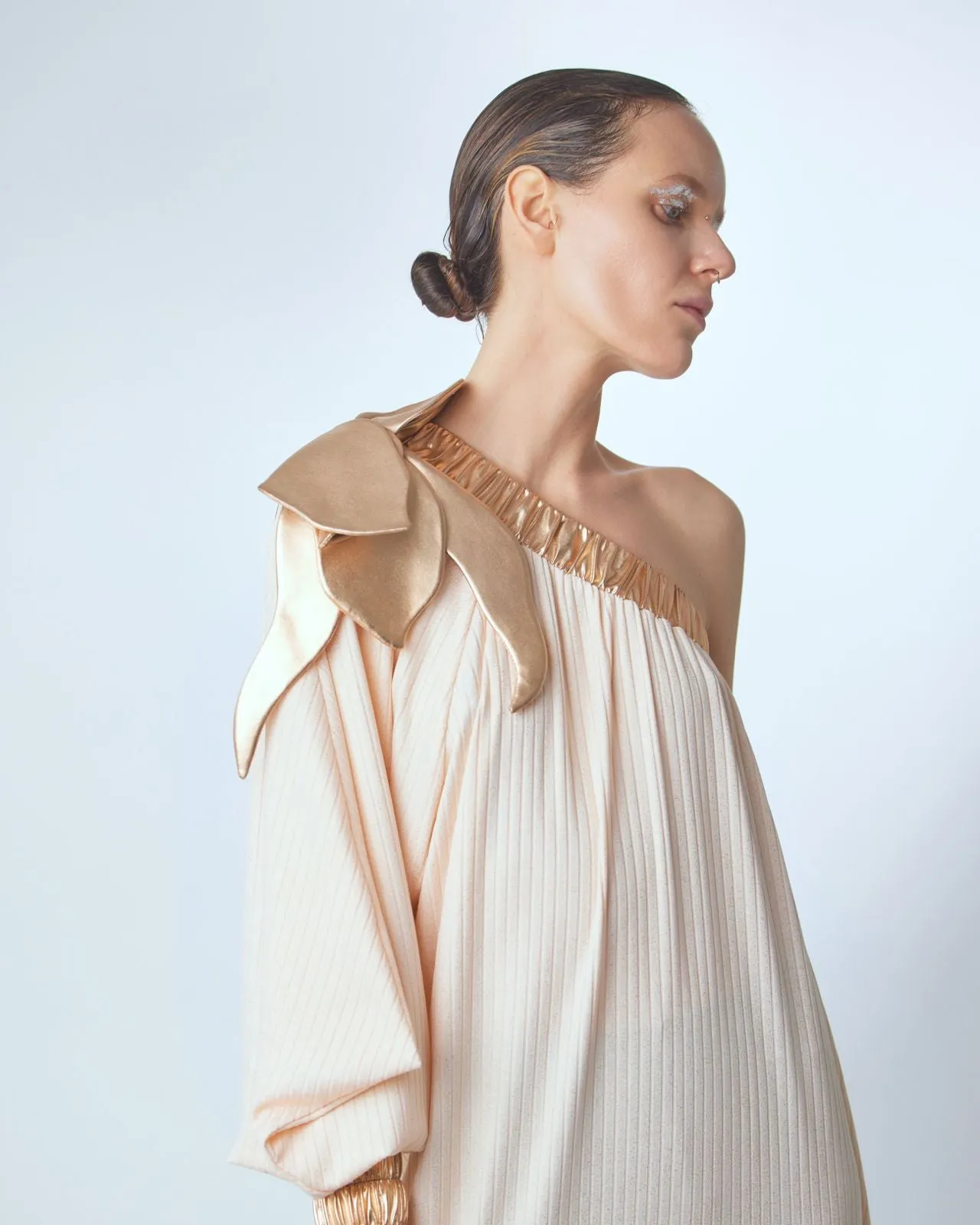 Luxury Elegance One-Sleeve Long Dress Rib Knit Peach