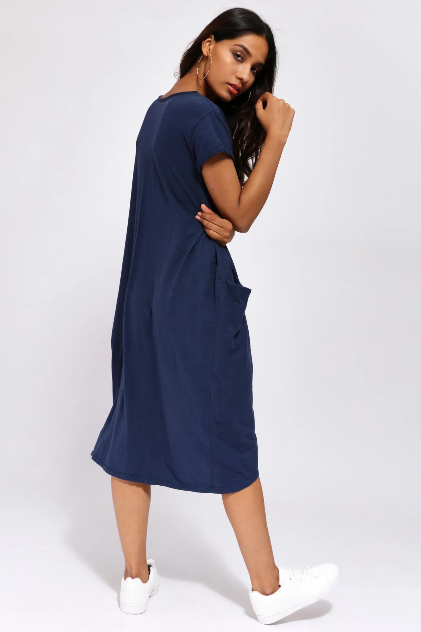 Navy Long T-Shirt Dress With Pockets
