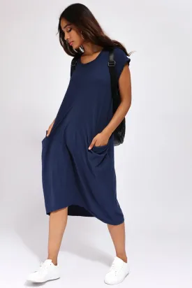 Navy Long T-Shirt Dress With Pockets