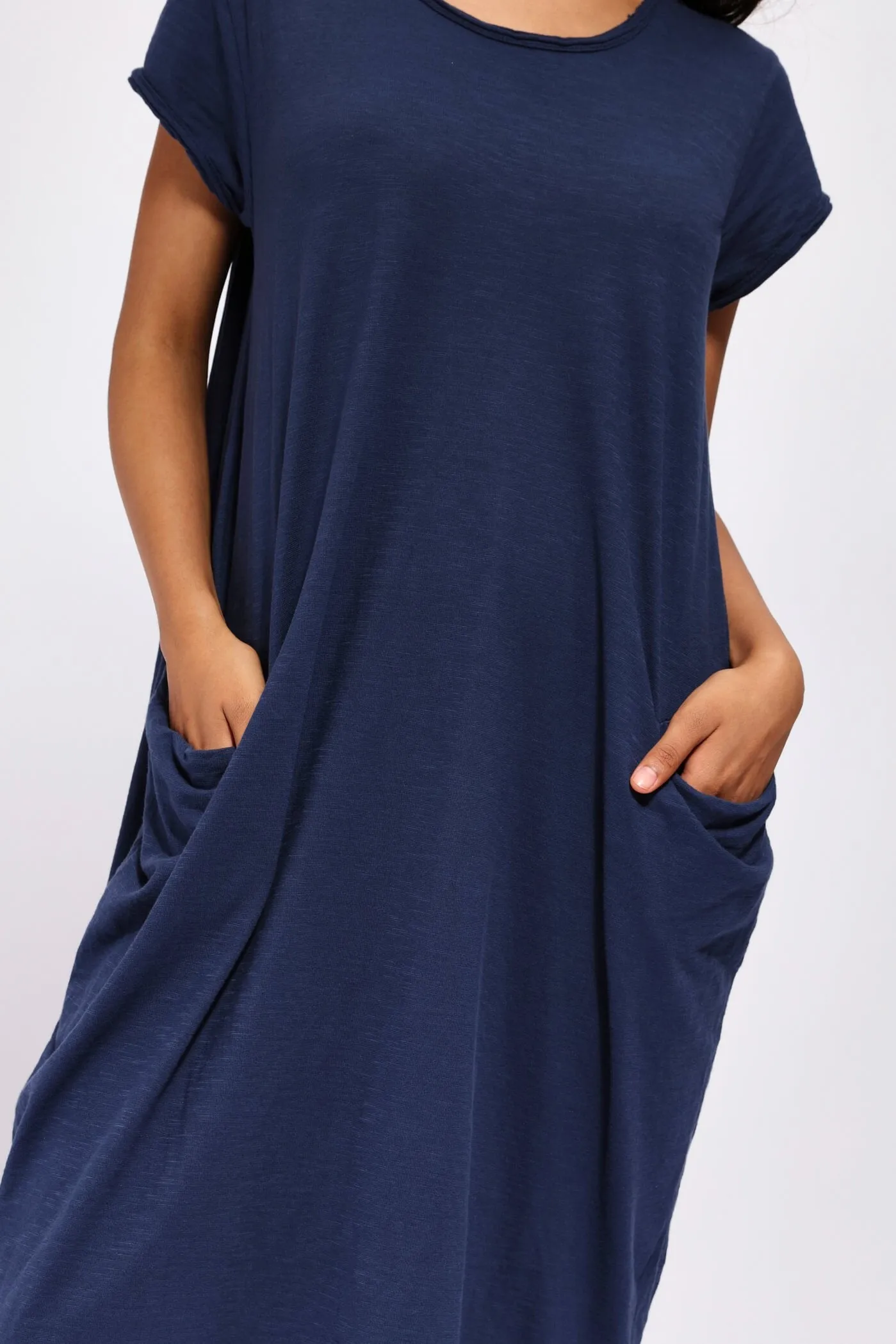 Navy Long T-Shirt Dress With Pockets