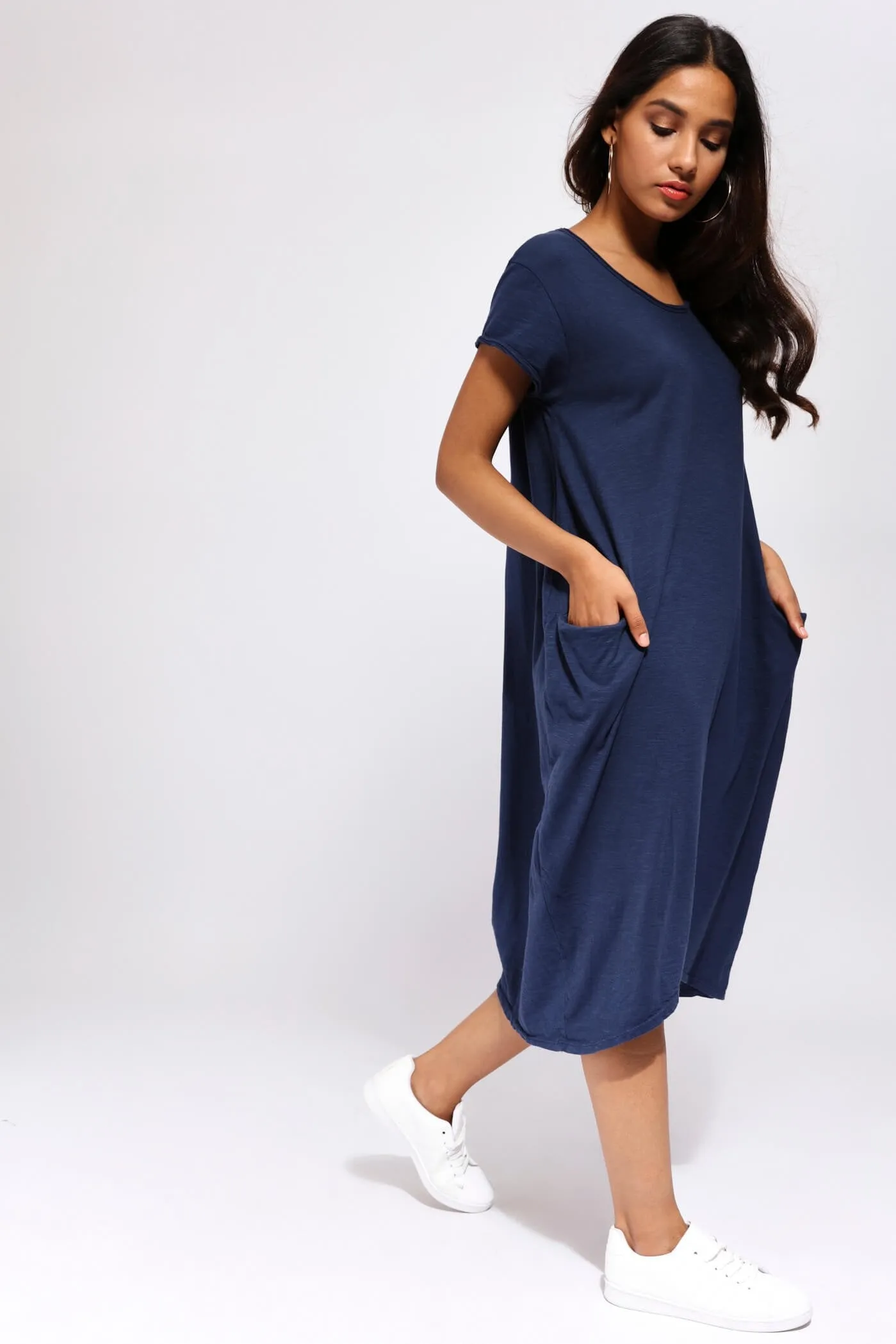 Navy Long T-Shirt Dress With Pockets