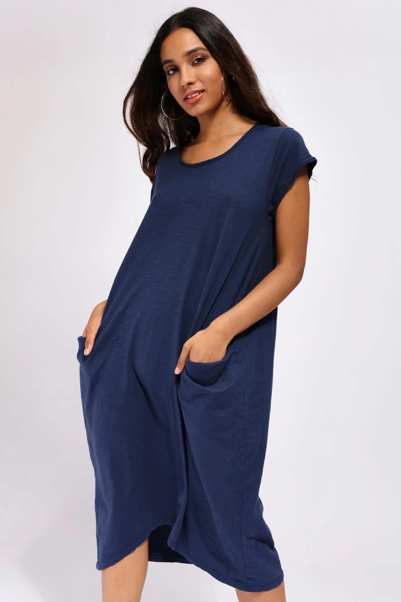 Navy Long T-Shirt Dress With Pockets