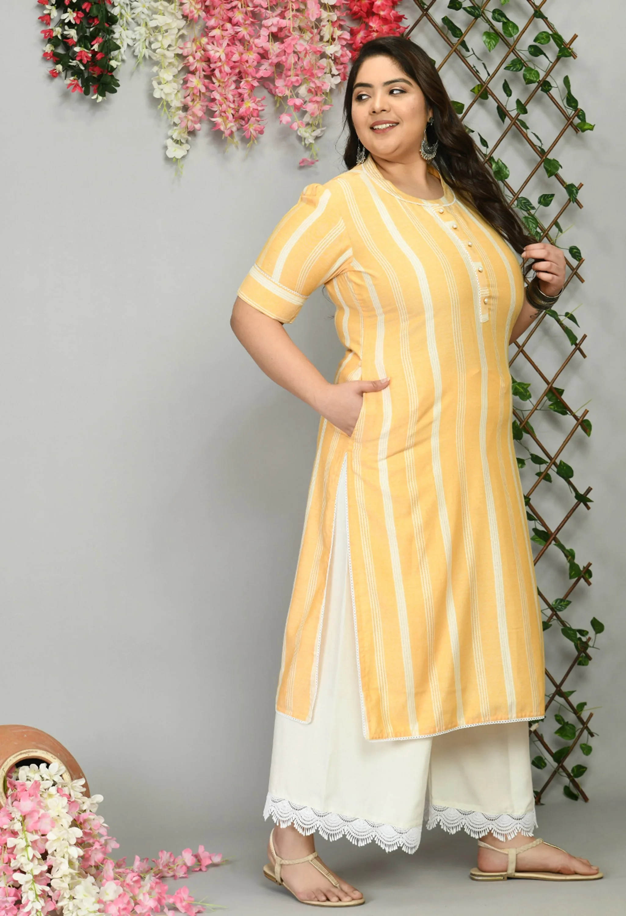 Plus Size Ornate Yellow Striped Kurta Palazzo Set