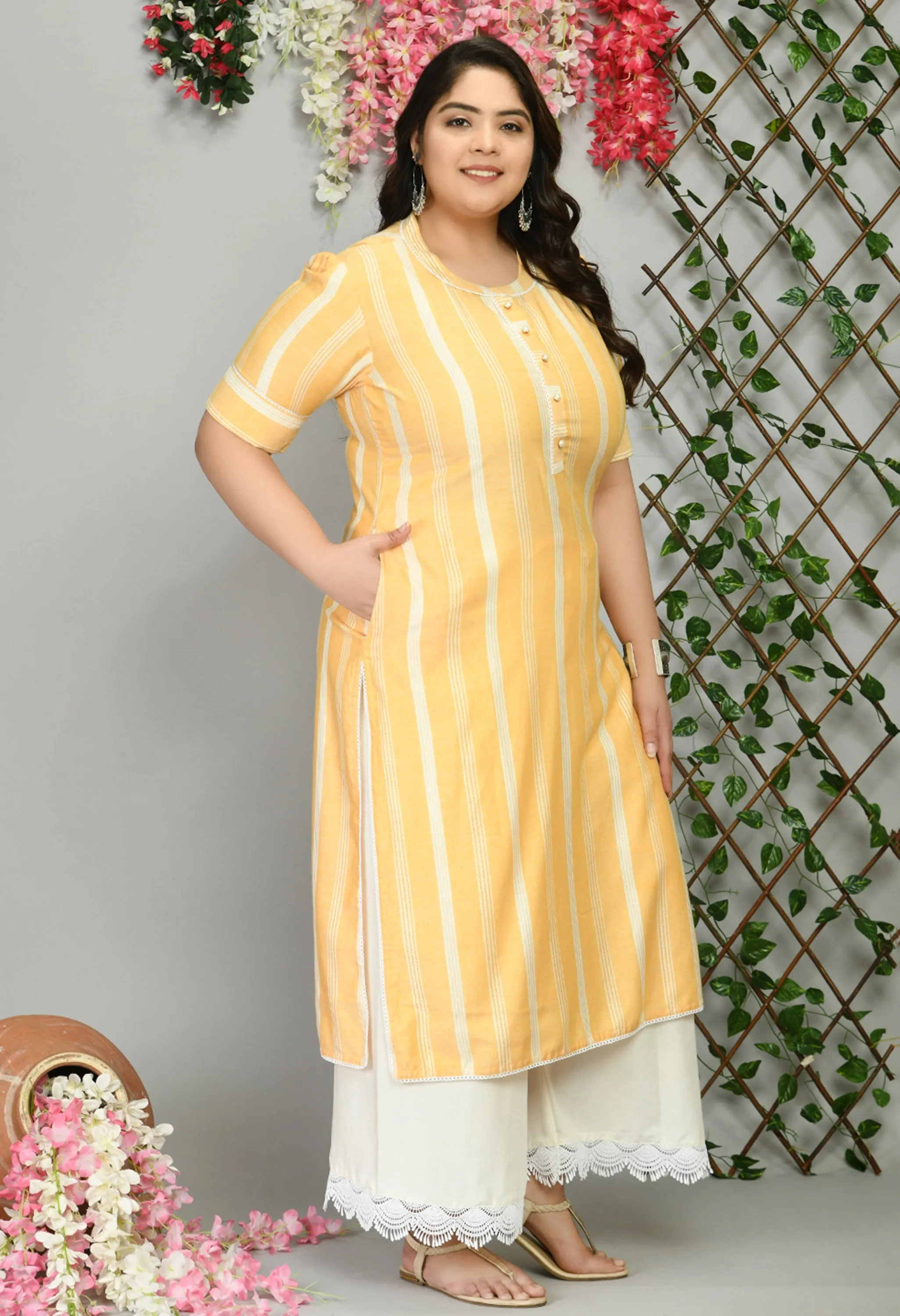 Plus Size Ornate Yellow Striped Kurta Palazzo Set
