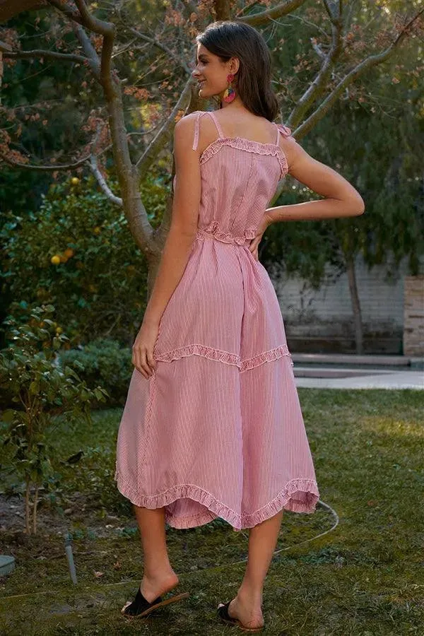 Red Striped Sleeveless V-Neck Ruffle Trim Self-Tie Waist Detail Midi Dress /4-2