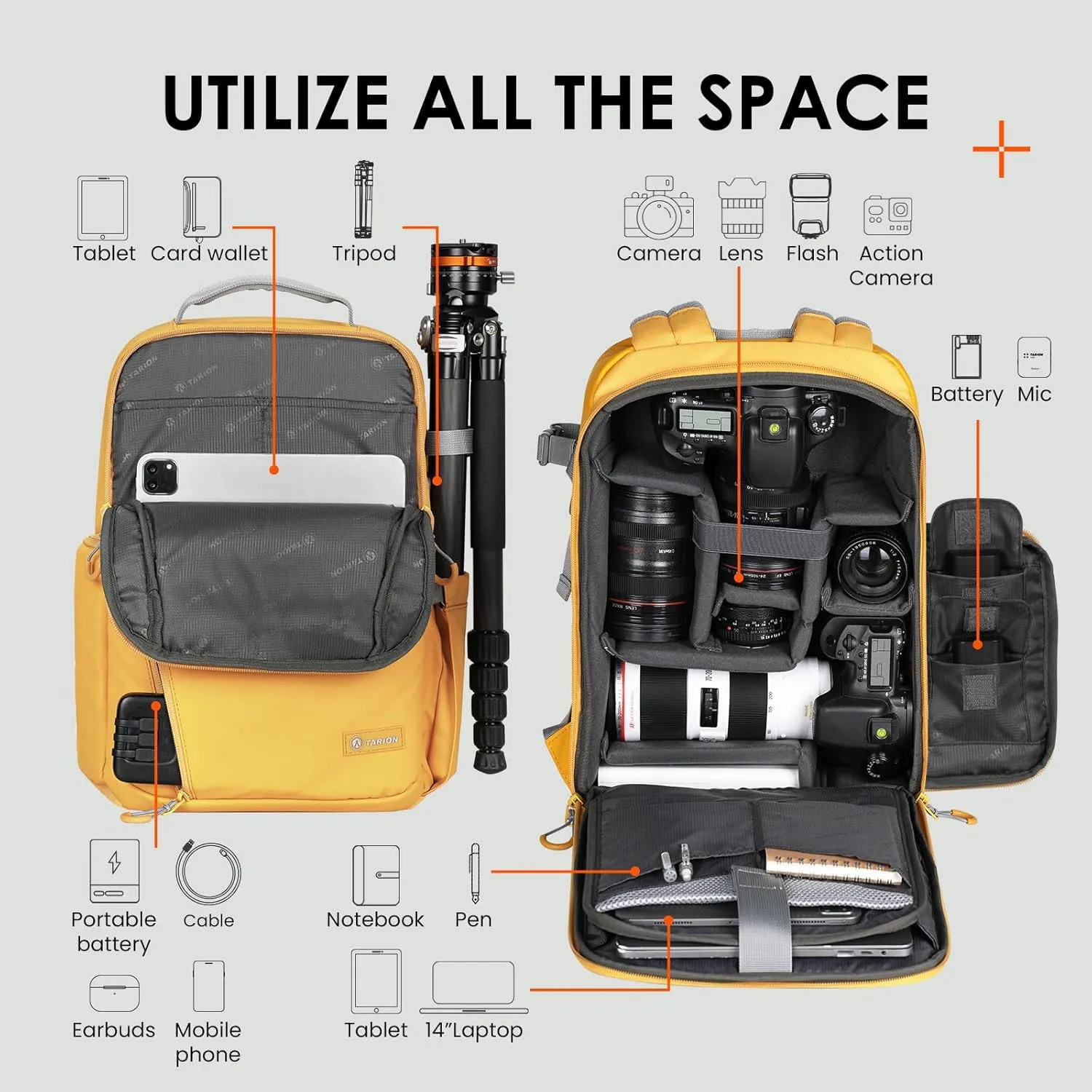 TARION Camera Backpack Waterproof Bag - DSLR Camera Bag with 14in Laptop Compartment Rain Cover, Professional Travel Photography Backpack for Photographers, SLR, Camera Lens, TR-L, Yellow