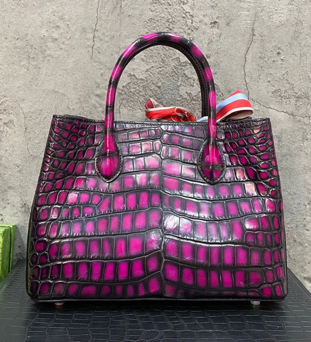 Vintage Genuine Crocodile Leather Top Handle Satchel Handbag Shoulder Bag Tote Purse Messenger Bags 30cm