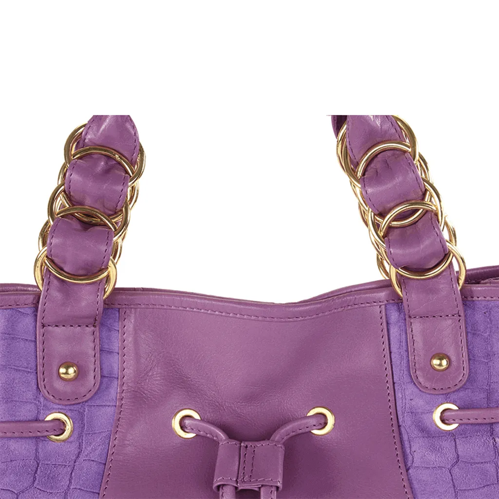 'WINDEMERE' Purple Designer Crocodile Printed Suede Leather Tote Bag