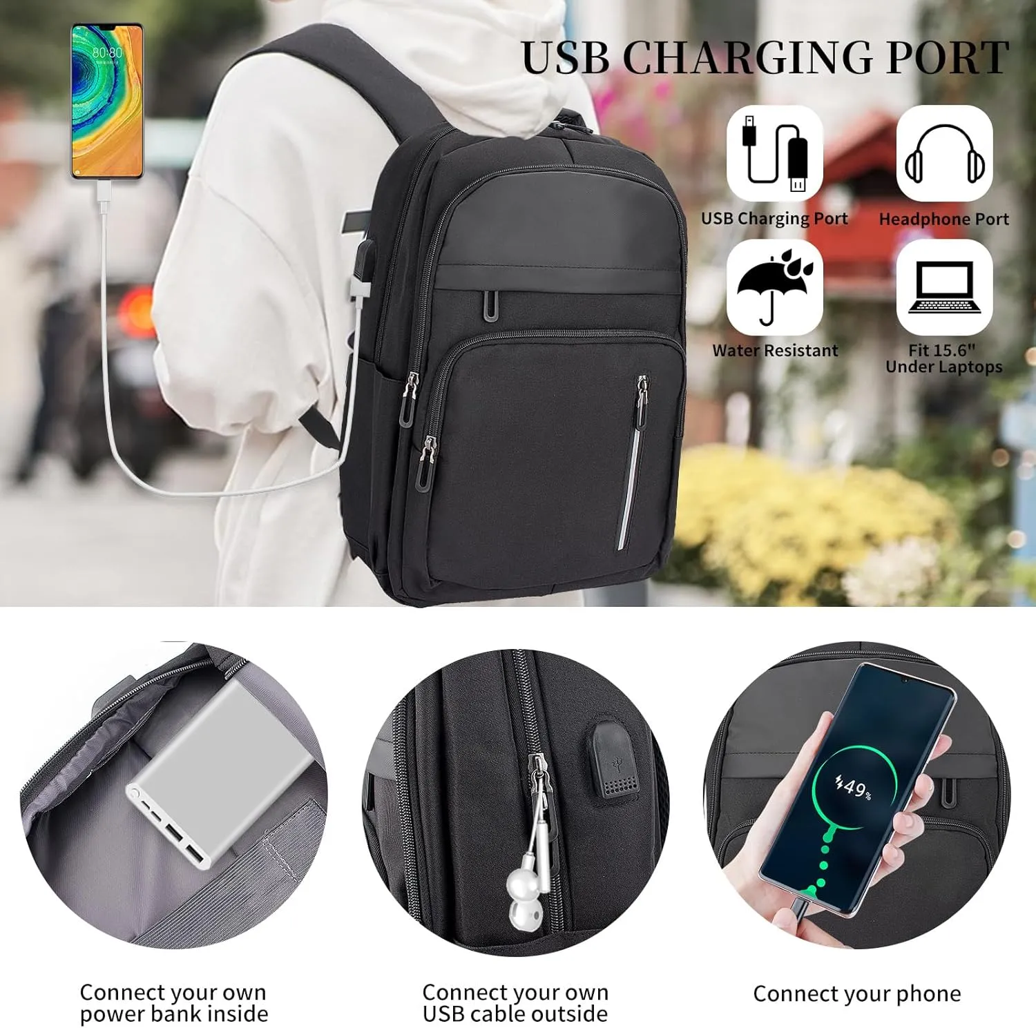 Women Men Laptop Backpack Business Travel Lightweight Waterproof Anti Theft College Computer Bag with USB Charging Port Work Daily Bag,Black