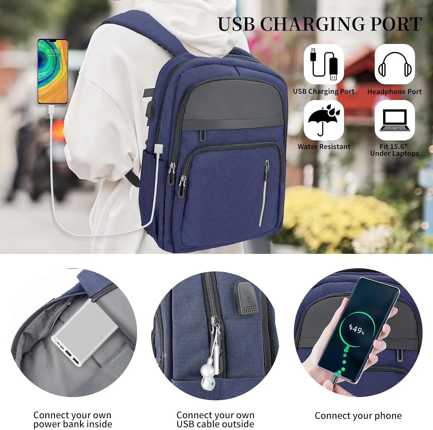 Women Men Laptop Backpack Business Travel Lightweight Waterproof Anti Theft College Computer Bag with USB Charging Port Work Daily Bag,Blue