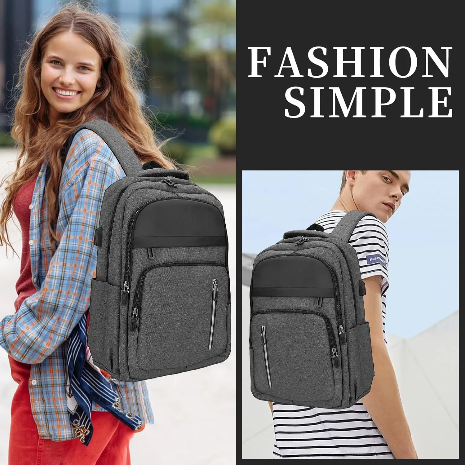 Women Men Laptop Backpack Business Travel Lightweight Waterproof Anti Theft College Computer Bag with USB Charging Port Work Daily Bag,Grey